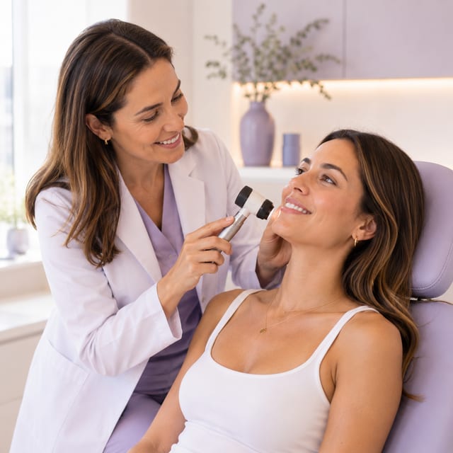 Dermatóloga revisando la piel de una paciente con dermatoscopio