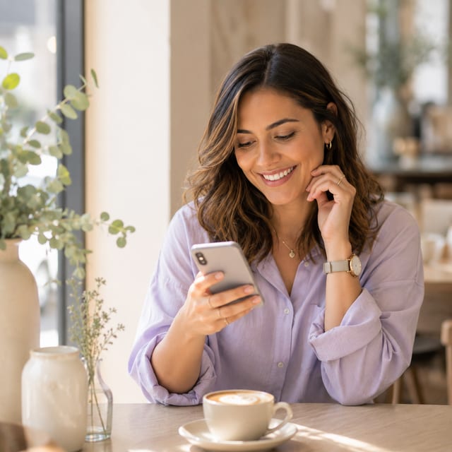 Mujer mirando su celular, feliz al descubrir una clínica