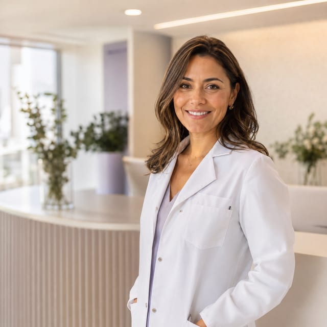 Directora de clínica sonriendo en una recepción médica moderna y luminosa