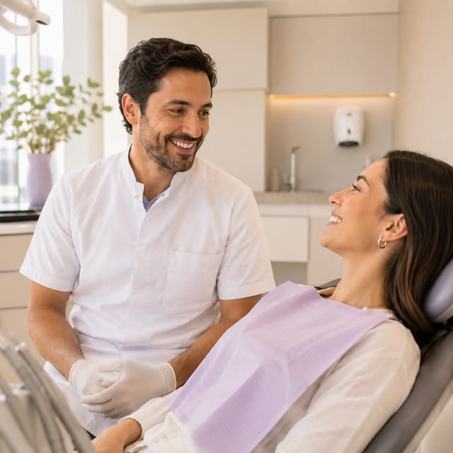 Dentista conversando con una paciente sonriente en una clínica dental moderna