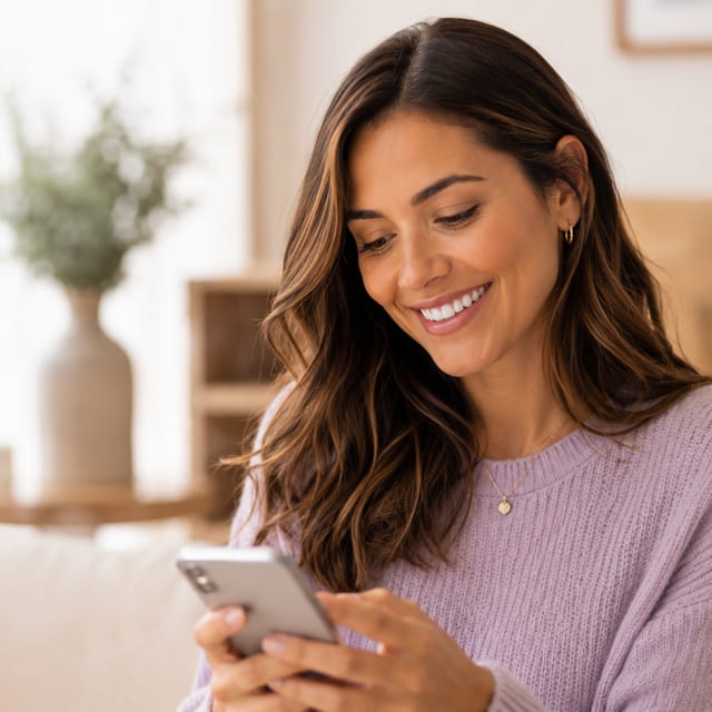 Paciente sonriendo mientras conversa por mensajería en su celular